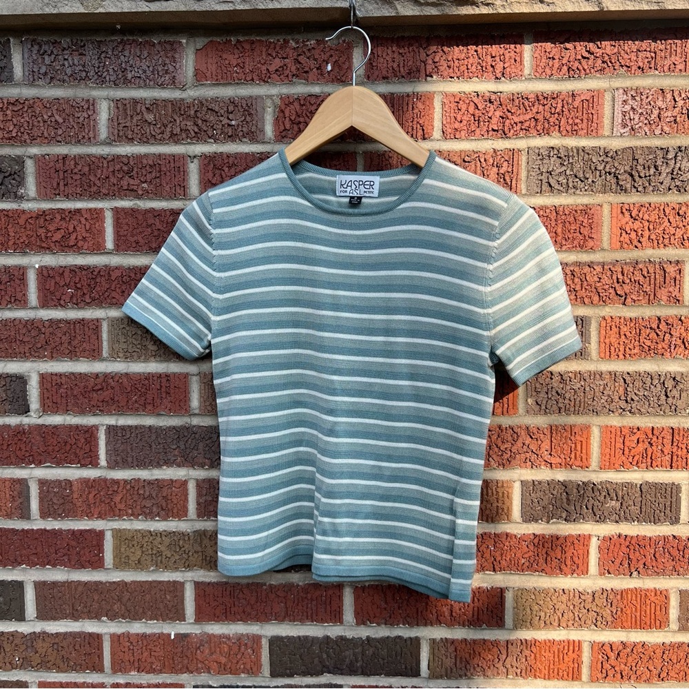 Kasper Teal Blue and Cream Striped Short Sleeve Sweater Top